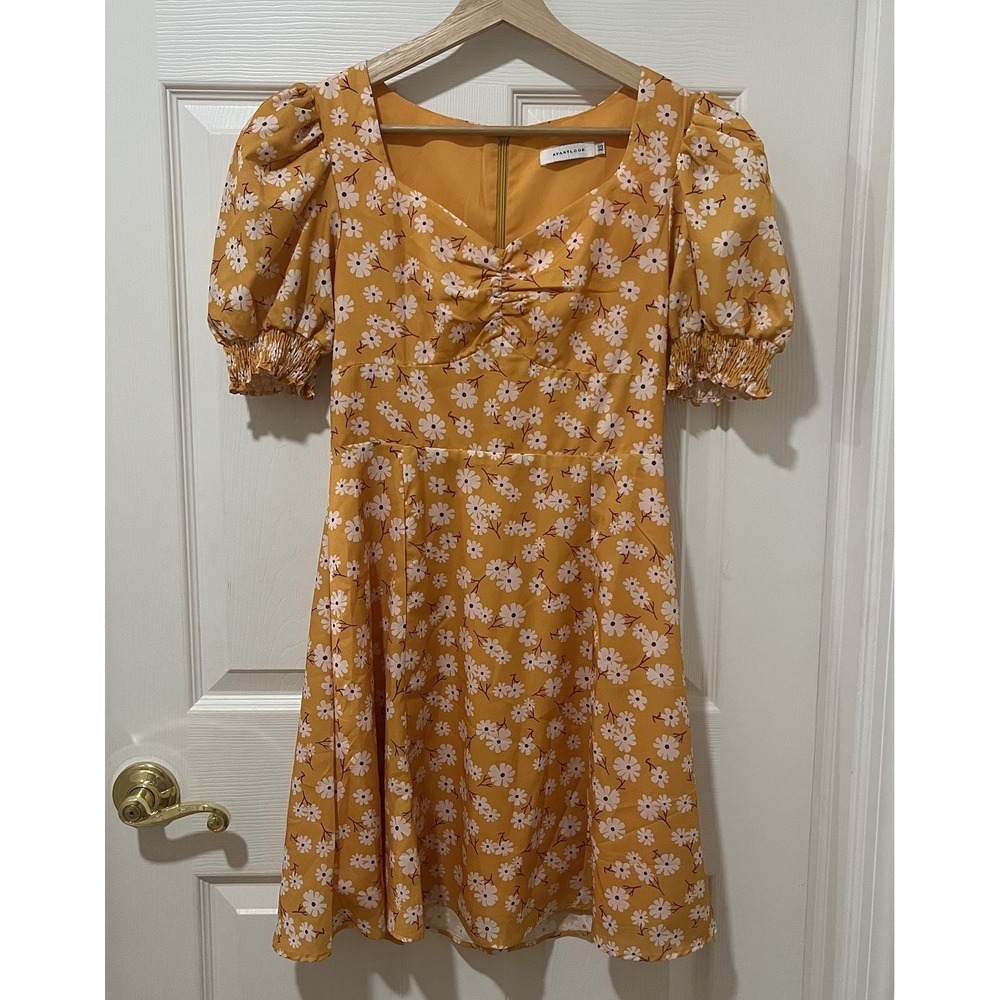 Avantlook‎ Yellow Floral Mini Dress S Puff Sleeve Ruched Cottagecore Fit Flare